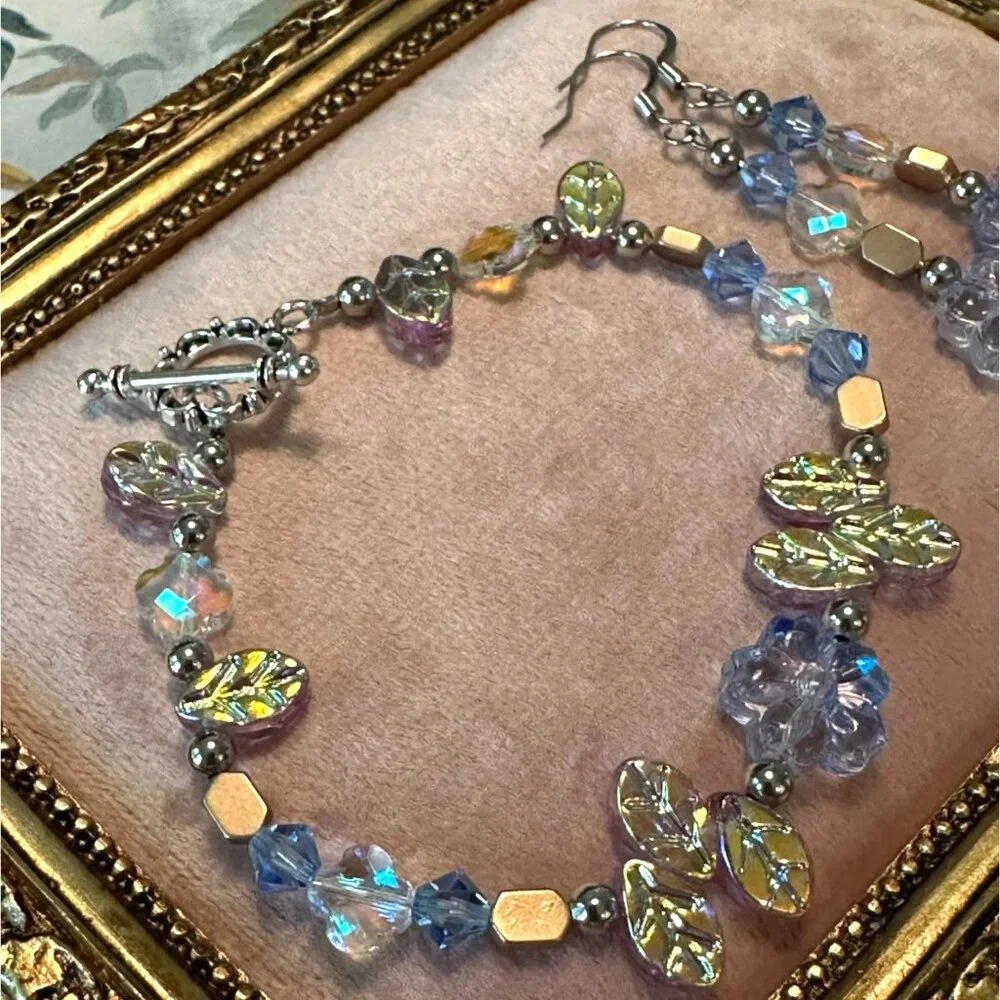 Handmade Crystal Flower Bracelet & Earrings Set With Toggle Clasp Floral Acce - Picture 3 of 9